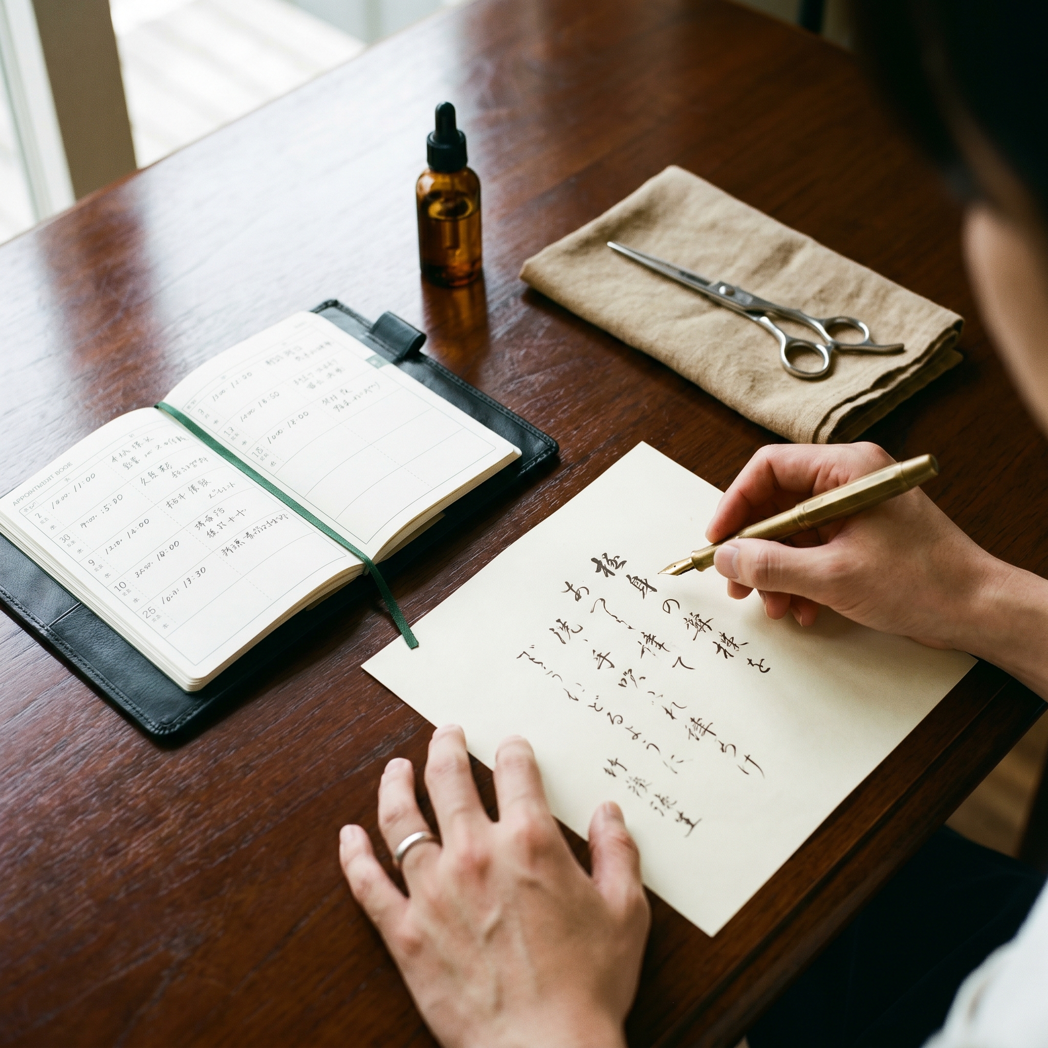 Deep Breath. 店主が手書きで手紙を綴る様子。美容師のハサミが添えられている