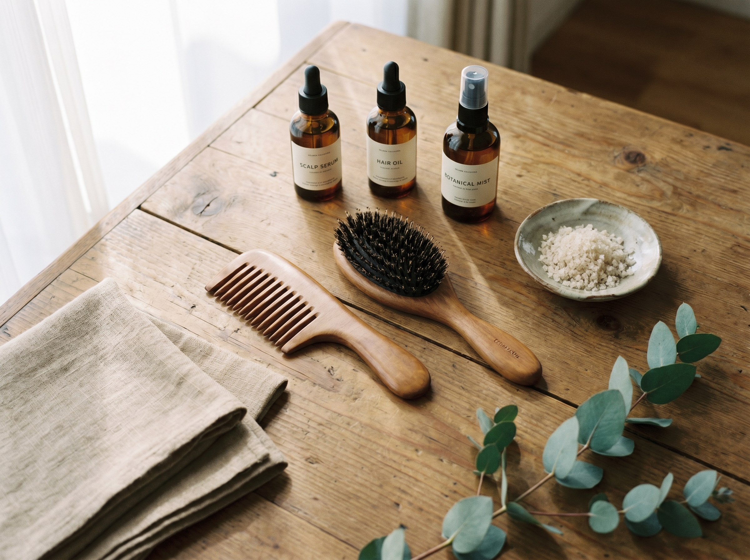 Deep Breath. で使うスカルプ用のブラシ、コーム、アンバーボトル、スカルプソルト