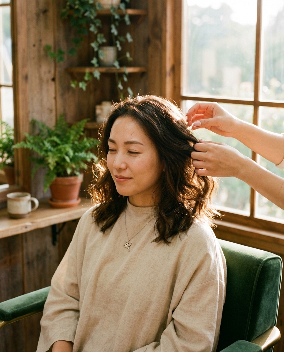 カウンセリング — スタイリストの手がお客さまの髪に触れる、親密な瞬間