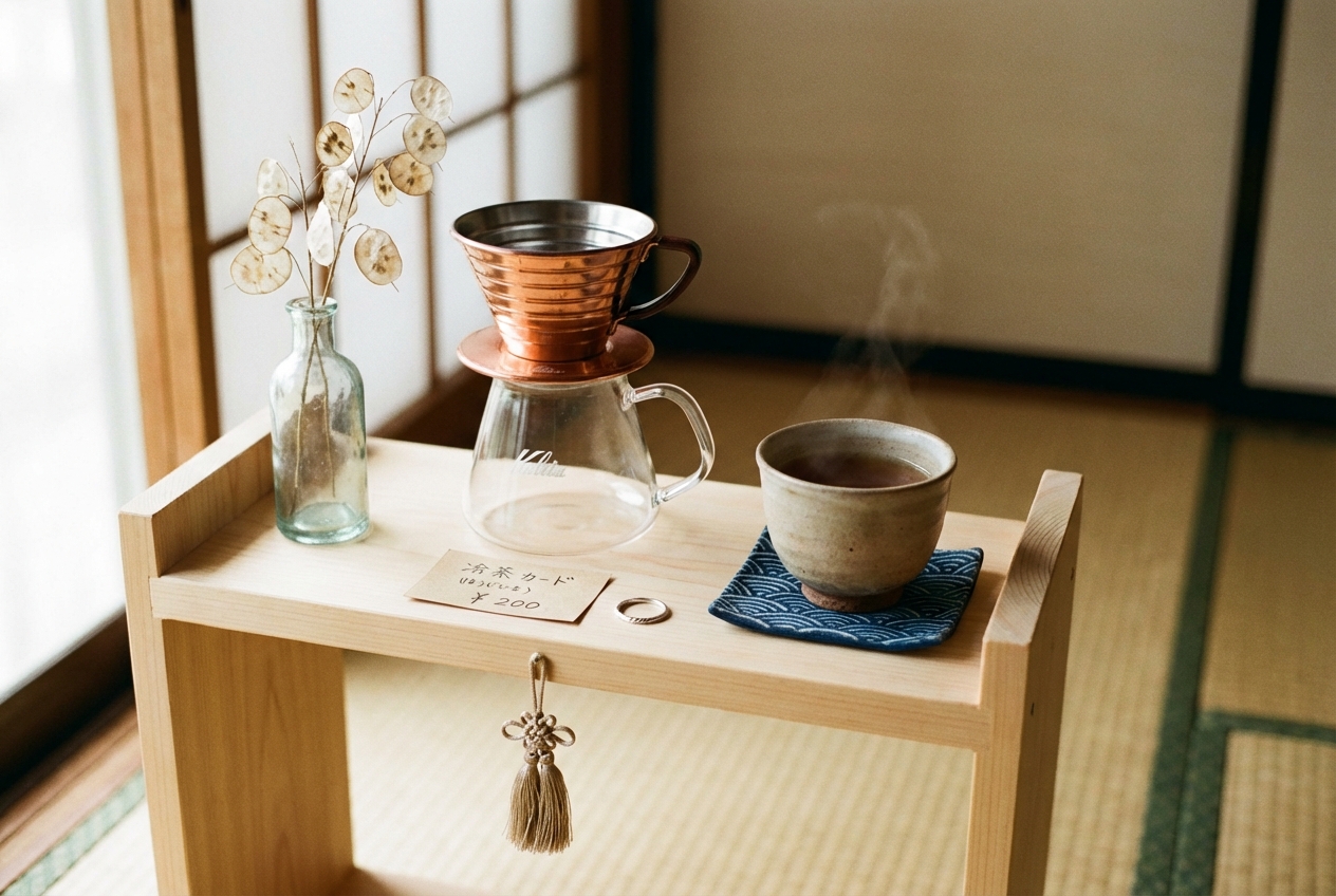 棚の上 — コーヒードリッパー、陶器のカップ、ドライフラワー、クラフト紙