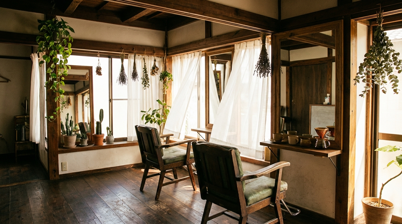 店内 — ヴィンテージチェア2脚、ドライフラワー、木の梁、白いカーテン