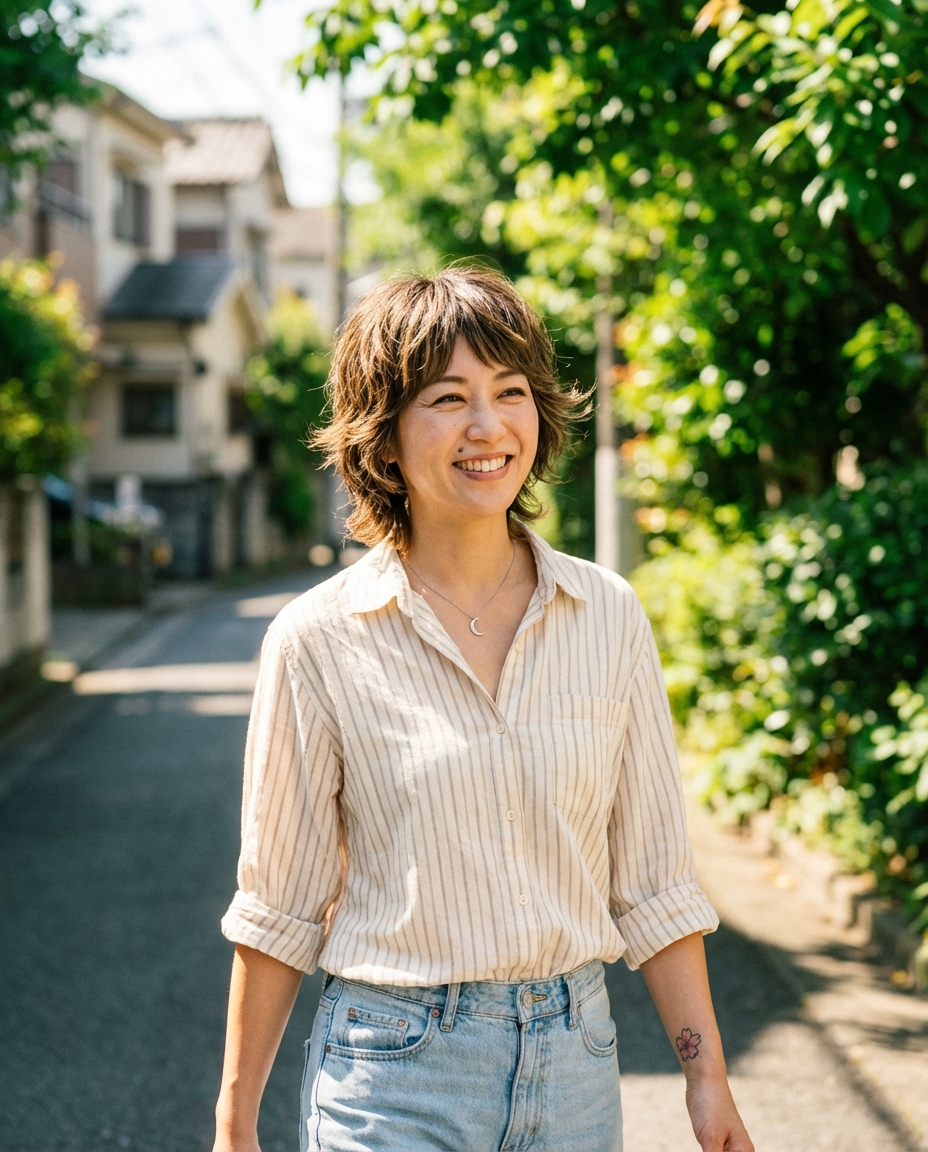 ナチュラルボブ — 並木道を歩く女性、木漏れ日の中