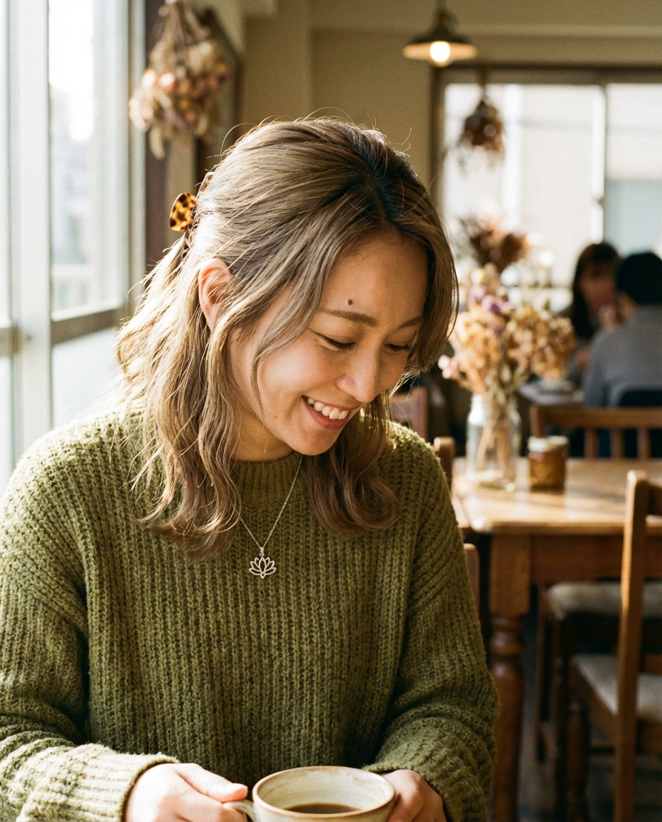 ゆるウェーブ — カフェに座る女性、ナチュラルウェーブヘア