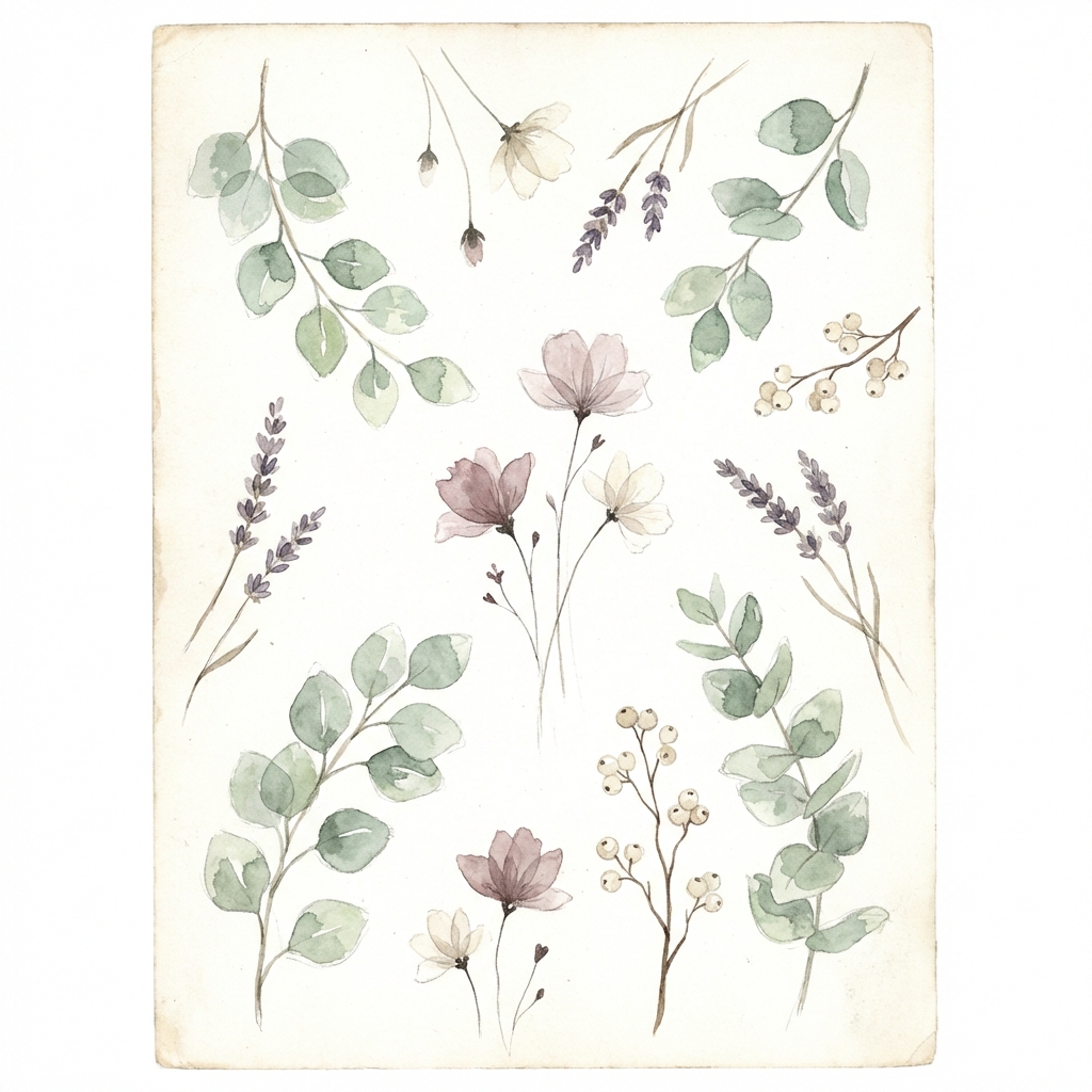 ボタニカル水彩イラスト — ユーカリ、ラベンダー、野花