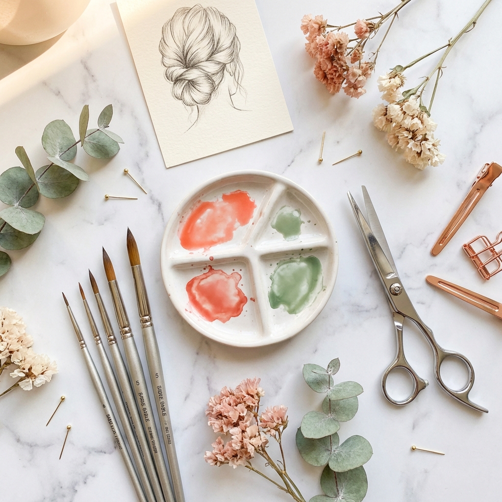 アートと美容の道具 — 水彩パレット、ハサミ、ユーカリ、ヘアスケッチ