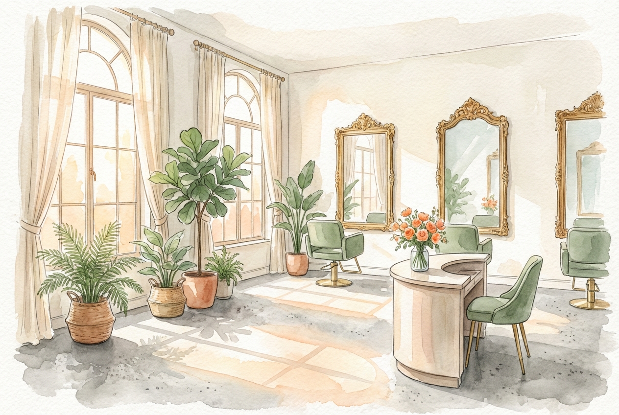サロン内観 — 水彩画で描かれた明るい空間
