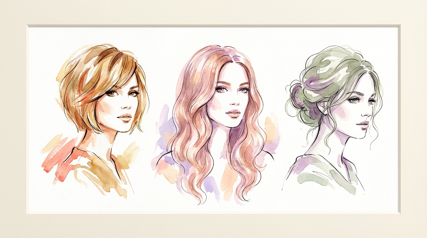 水彩ファッションイラスト — ショートボブ、ロングウェーブ、エレガントアップドの3スタイル